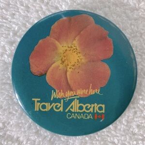 5/$35 Vintage Blue W Pink Wild Rose Travel Alberta Canada Souvenir Pin Button